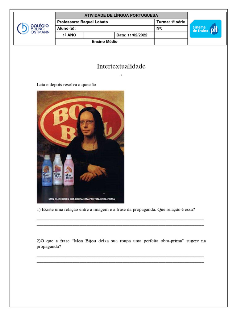 Atividades sobre Intertextualidade e Paródia | PDF | Paródia | Publicidade