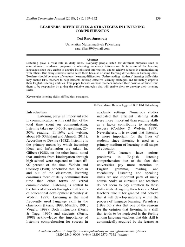 Learners Difficulties Strategies In Listening Com Pdf Reading
