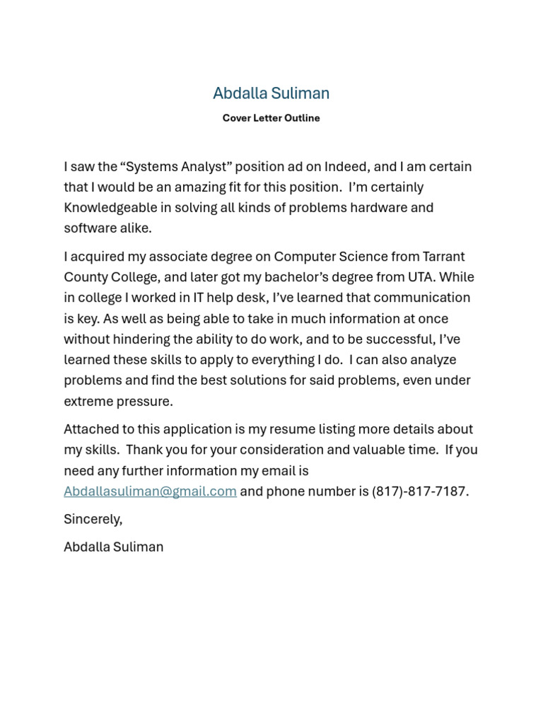 Systems Analyst Cover Letter | PDF | Career & Growth | Computers