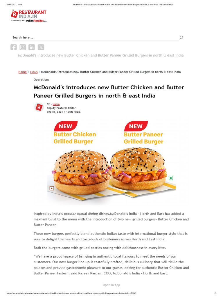 McDonald's Introduces New Butter Chicken and Butter Paneer Grilled Burgers in North & East India