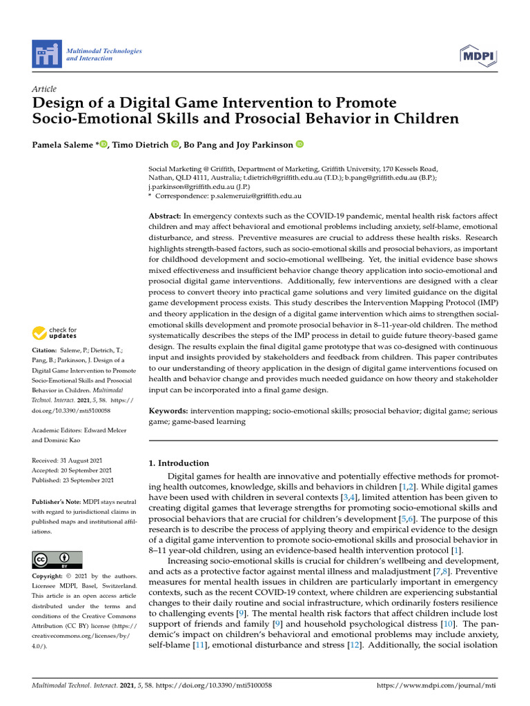 Design of A Digital Game Intervention To Promote Socio-Emotional Skills ...