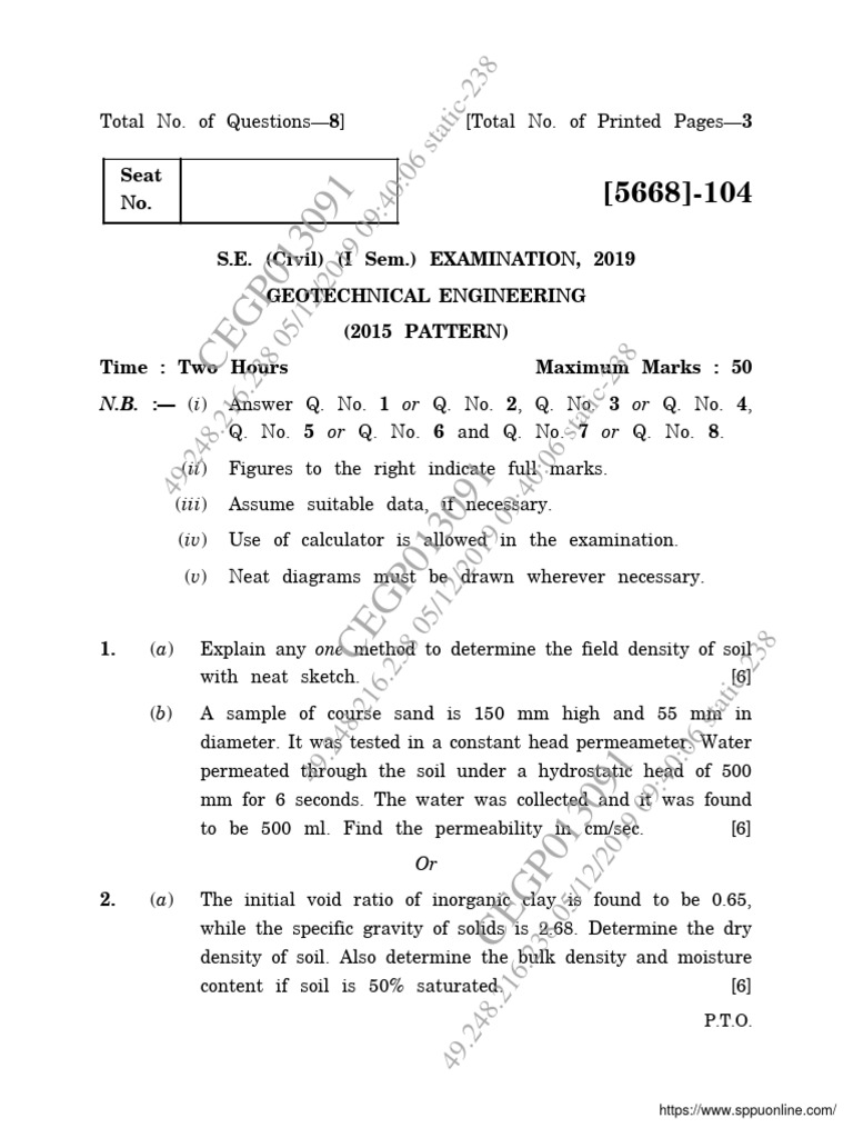 Geotechnical Engineering Exam Paper 2019 | PDF | Soil Mechanics | Mechanics