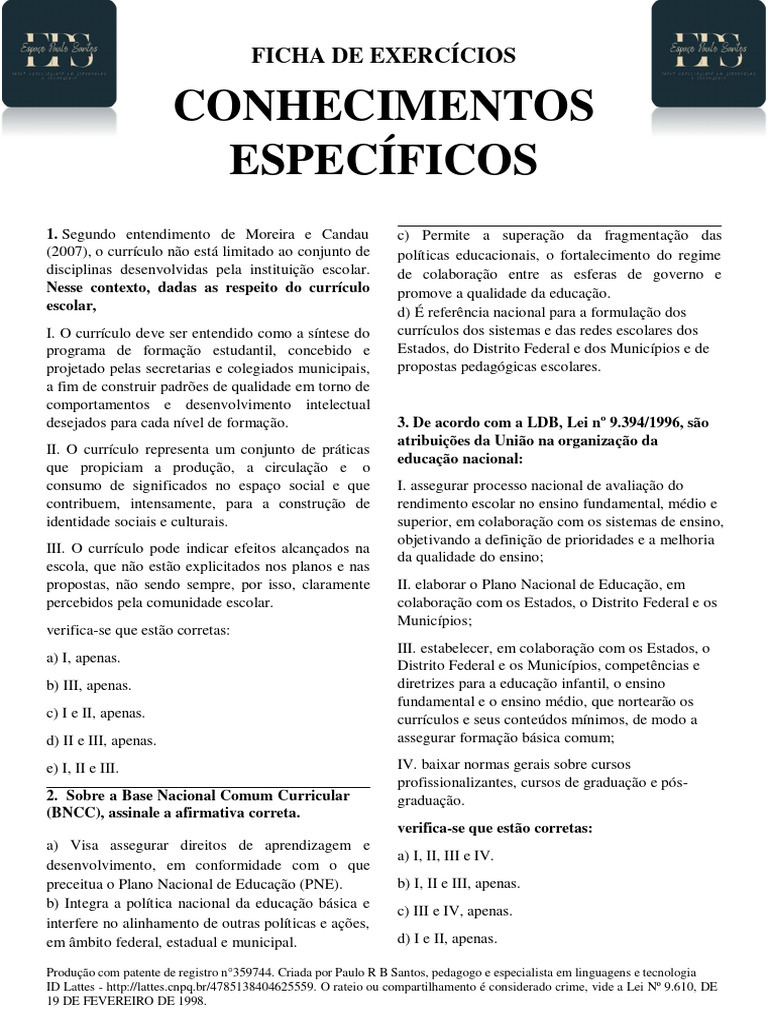 Ficha de Exercícios AAE - Conhecimentos Específicos | PDF | Inclusão ...