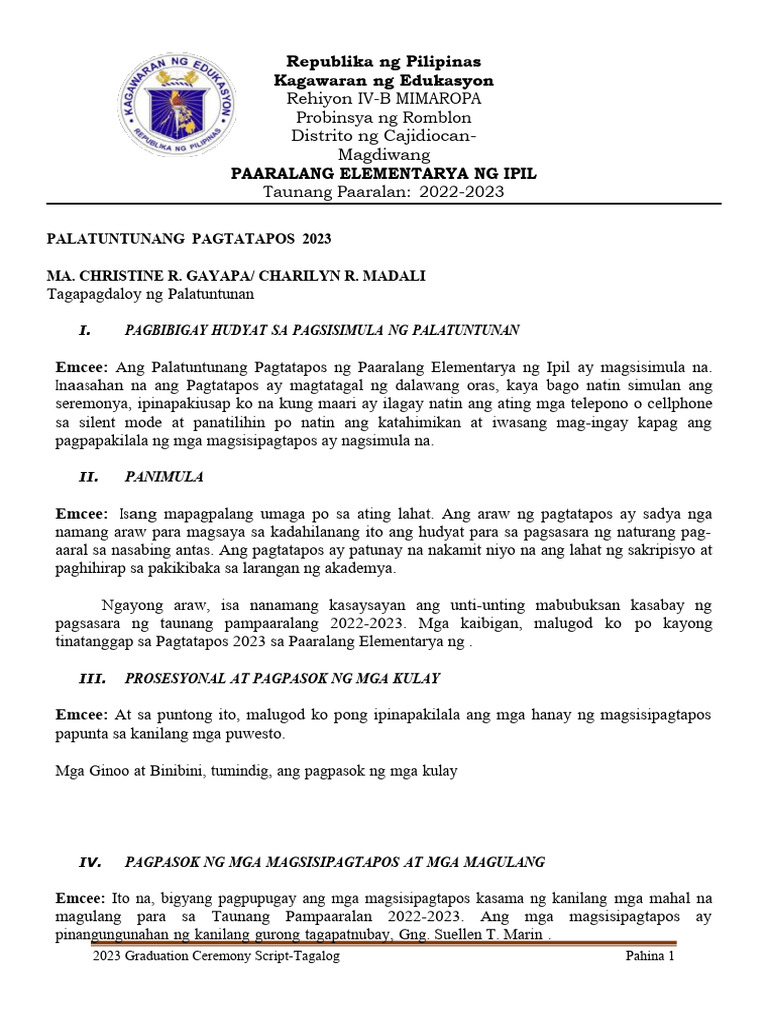 Graduation Script Tagalog Ipil | PDF