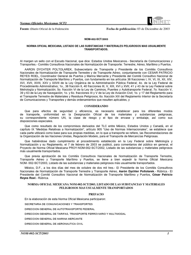 Nom 002 SCT 2003 | PDF | Sustancias químicas | Mercancías peligrosas