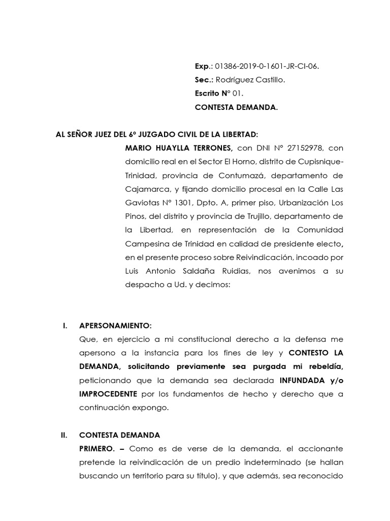 Contestación a Demanda de Reivindicación | PDF | Propiedad | Demanda ...