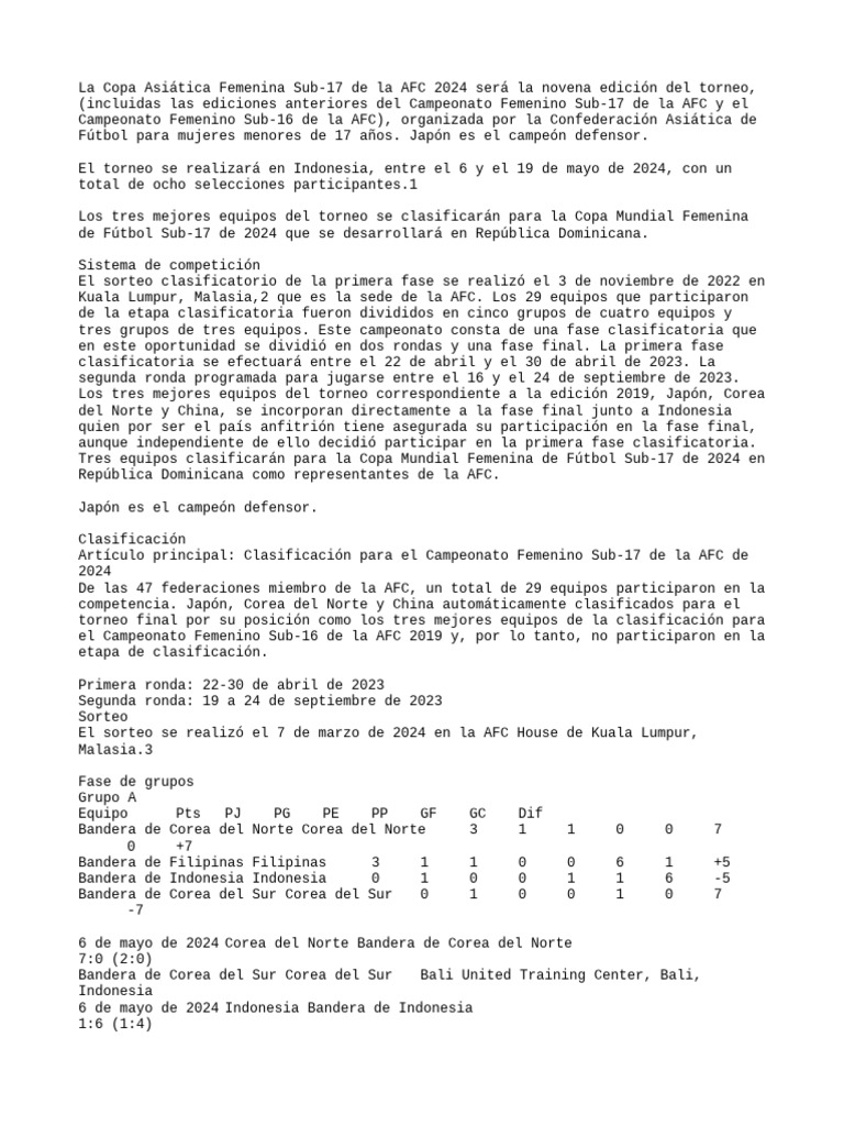 Campeonato Femenino Sub17 de la AFC de 2024 PDF Asociación de