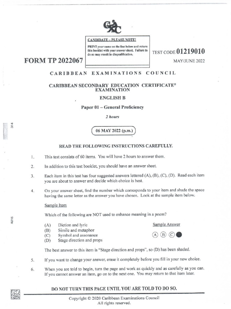 CSEC - English - B - P1 MAY - 2022 ANSWER SHEET | PDF