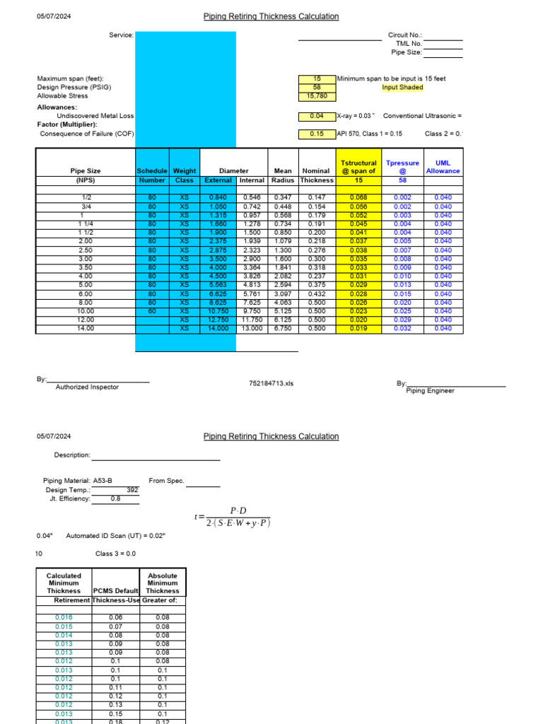 Piping Retirement Thickness Calculation Download Free PDF
