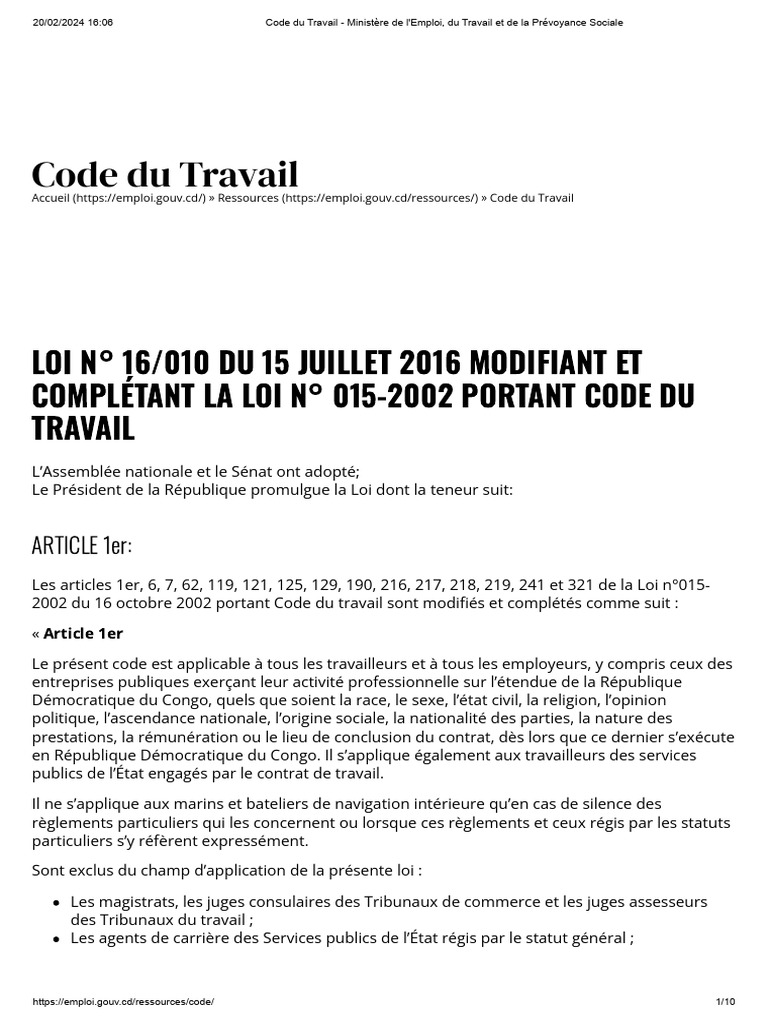 Code du Travail en RDC 2024 | PDF | Loi | Business