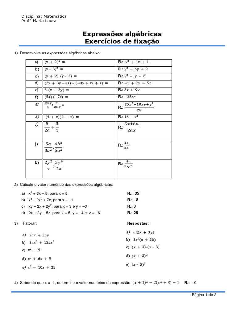 3 Mat - Expressões Algébricas - Exercícios de Fixação | Download grátis ...