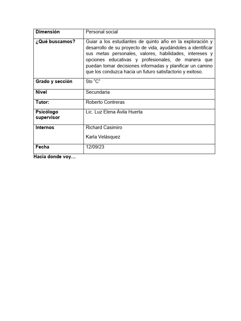 Proyecto de Vida para Estudiantes 5to C | PDF | Crecimiento personal y ...