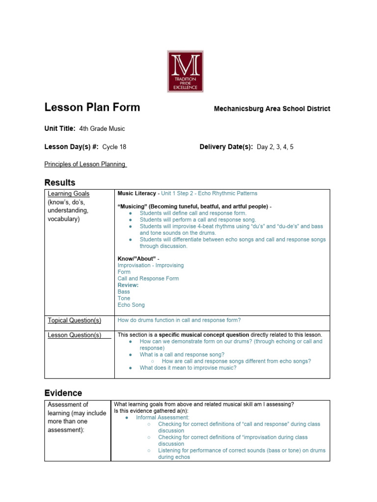 Cycle 18 - 4th Grade Lesson Plan | PDF | Rhythm | Learning