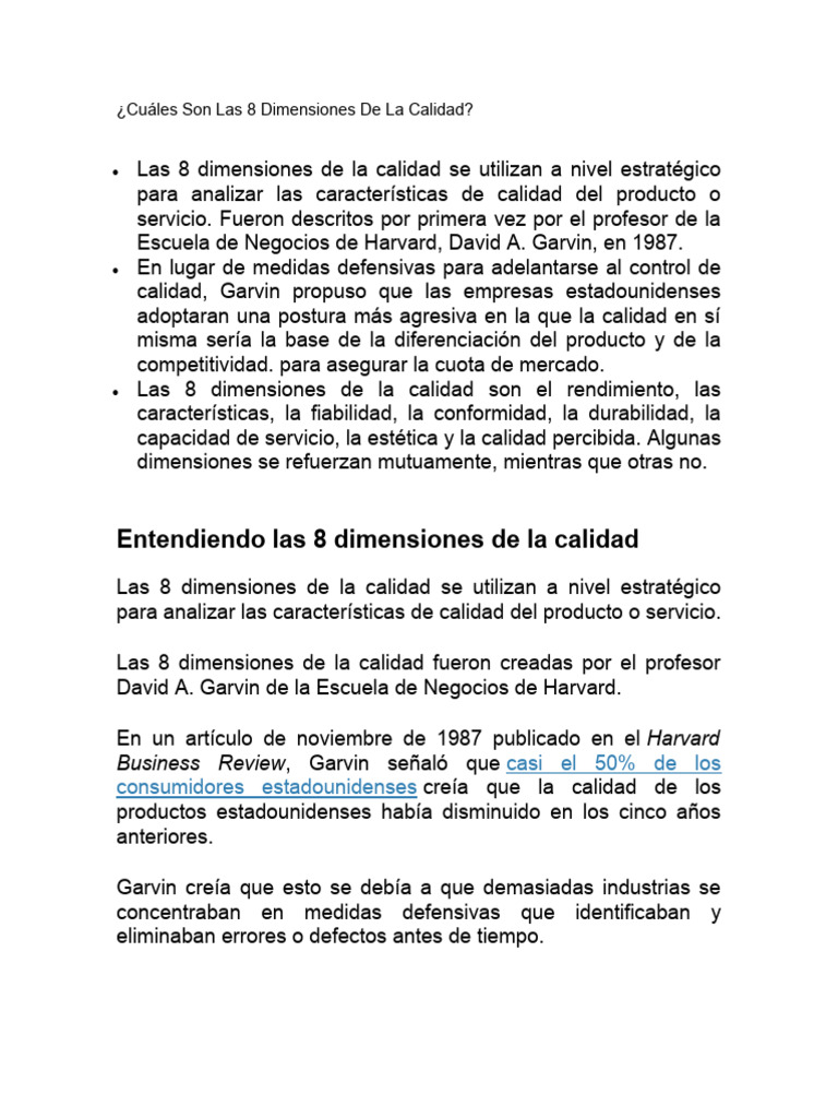 8 Dimensiones de la Calidad del Producto | PDF | Calidad (comercial ...