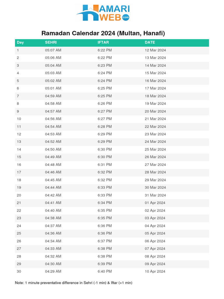 Multan Ramadan Calendar 2024 Hamariweb PDF Observances Set Theocracy