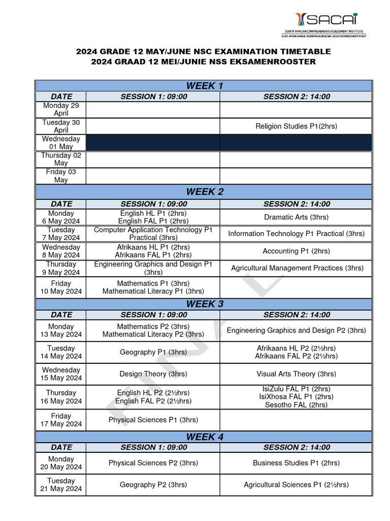 SACAINSCMayJune2024Timetable PDF Liberal Arts Education Science