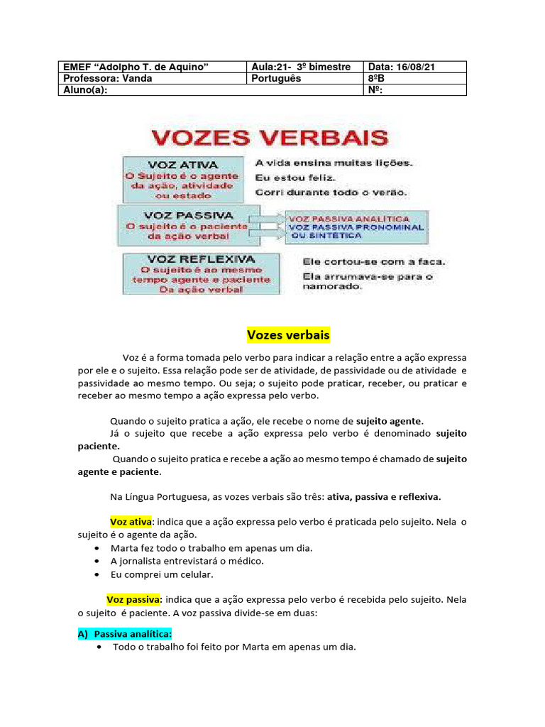 Vozes Verbais: Atividades e Exemplos | PDF | Assunto (gramática ...