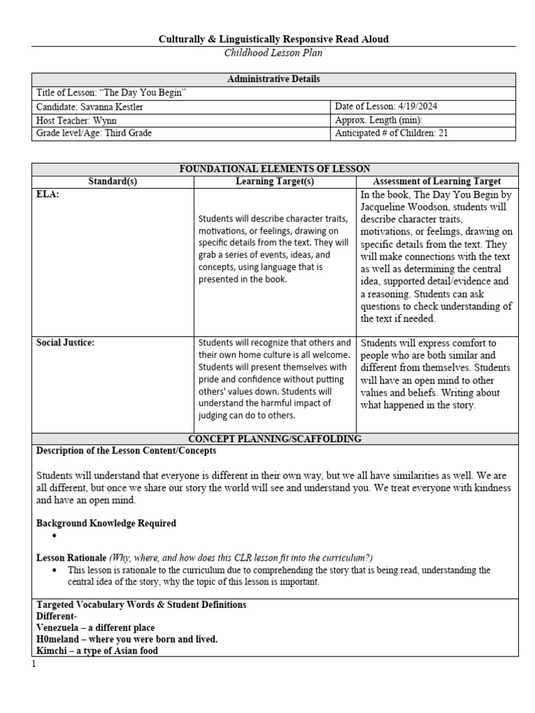 CLR Read Aloud Lesson Plan Template 1 1 2 | PDF | Lesson Plan | Cognition