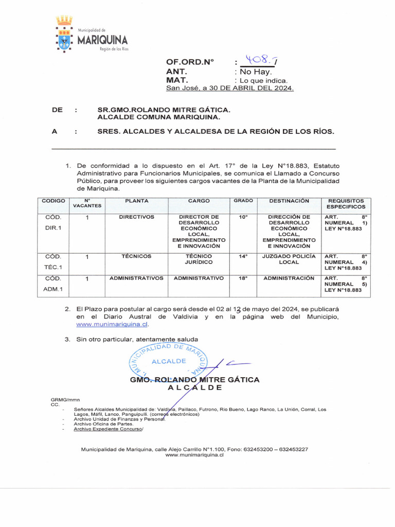Oficio Llamado A Concurso Público - 240506 - 171700 | PDF