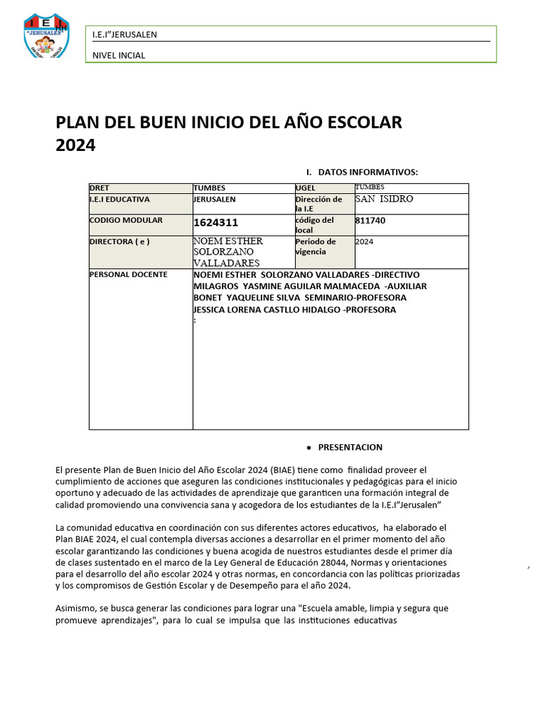 Plan Buen Inicio Escolar 2024 I.E.I. Jerusalén | PDF | Educación ...