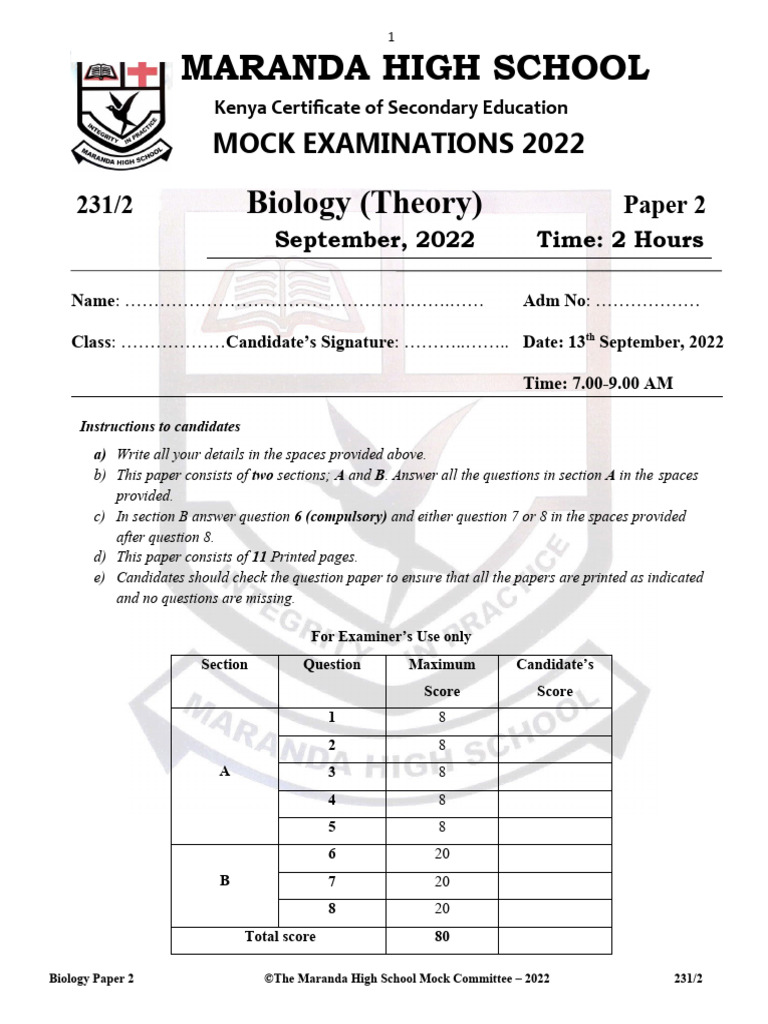 Maranda High School Biology Mock Exam 2022 | PDF | Biology