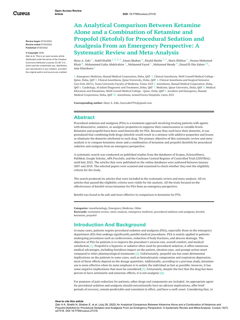 An Analytical Comparison Between Ketamine Sola Vs Ketofol Revision ...