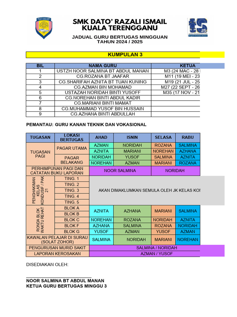 Template Jadual Bertugas Mingguan 2024 2025 Pdf
