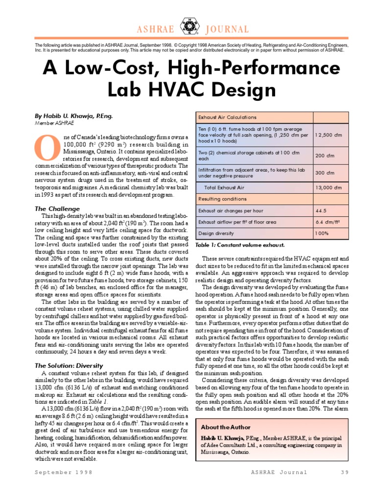 A LowCost, High Performance Lab HVAC Design PDF Hvac Ventilation