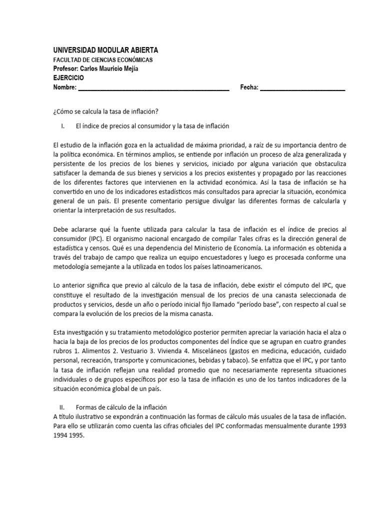 1 tarea calculo tasa inflacion ipc pdf ndice de precios al