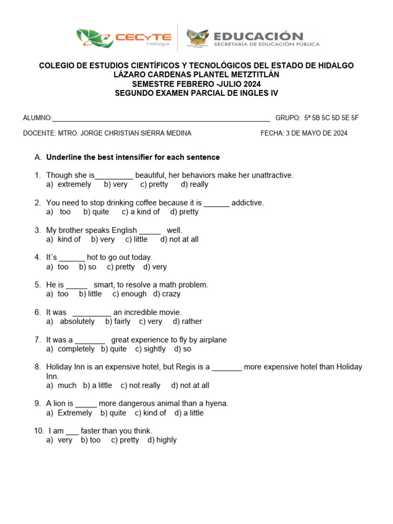 Examen de Ingles 4 Segundo Parcial 2024 | PDF