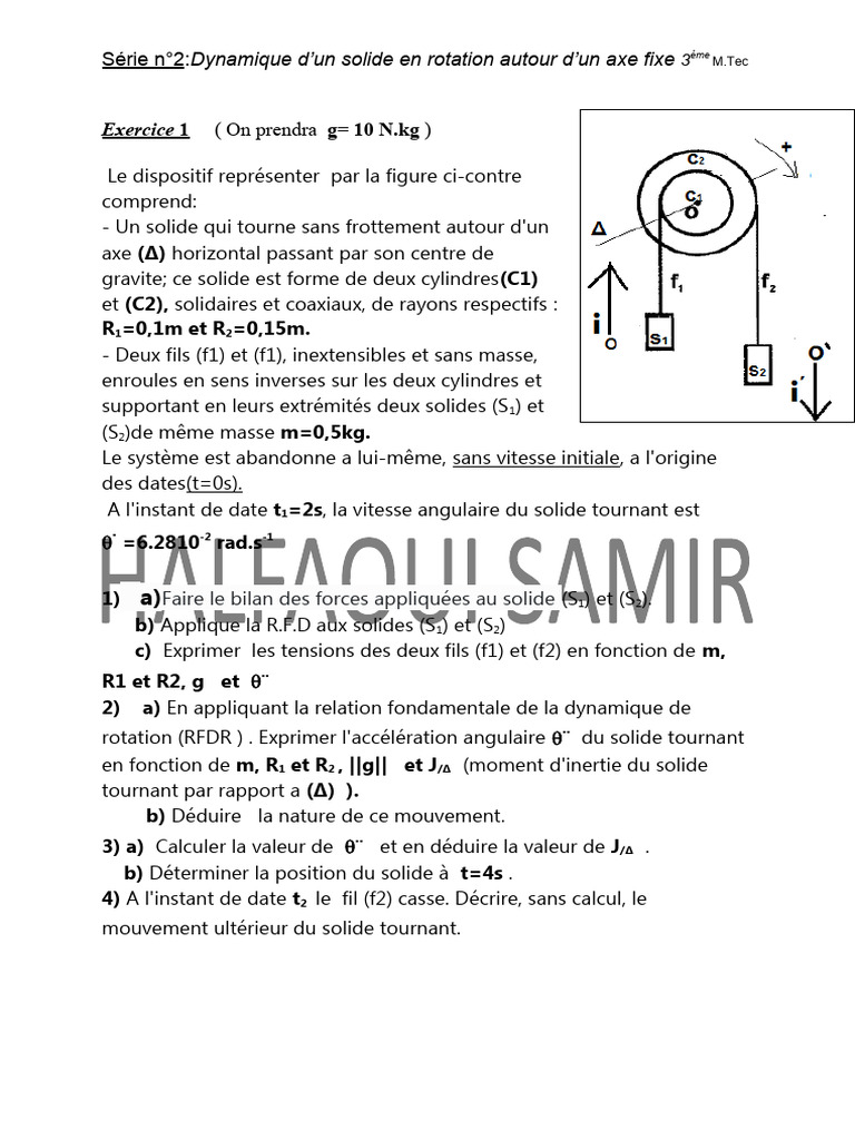 Dynamique de rotation : exercices 2 bac | PDF | Rotation | Accélération