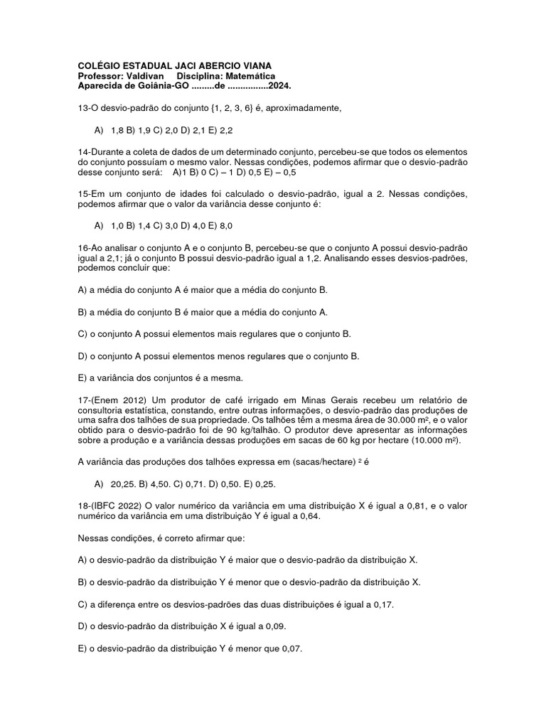 Exercícios sobre Desvio-Padrão e Variância | PDF | Desvio padrão ...