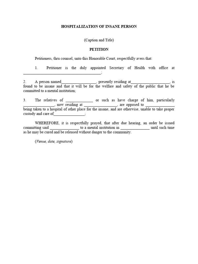Petition for Involuntary Mental Commitment | PDF