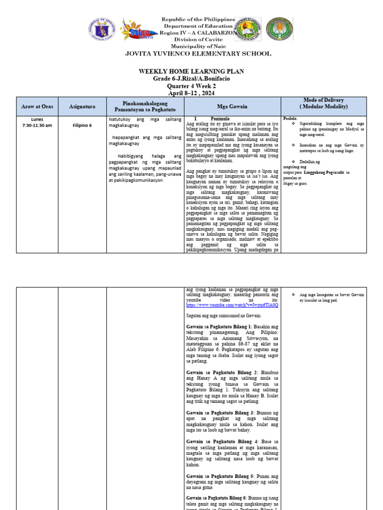 WHLP Filipino 6 Week 2 | PDF