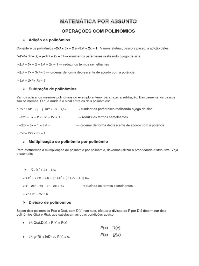 Operações com Polinômios: Guia Prático | PDF | Matemática | Álgebra ...