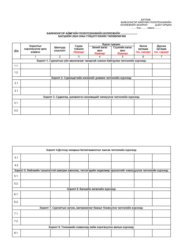 Багш-нарын-төлөвлөгөөний-загвар | PDF