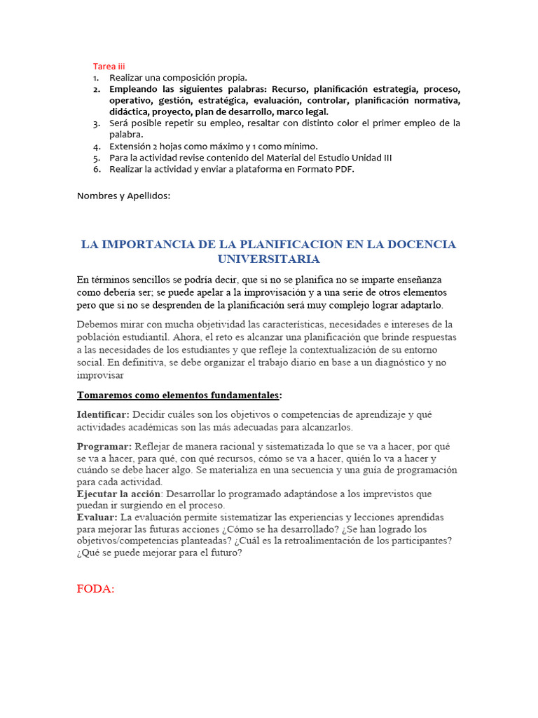 La Importancia De La Planificacion En La Docencia Universitaria A