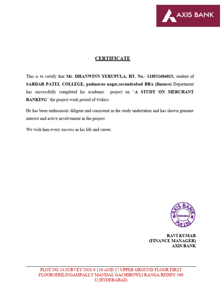 Merchant Banking Project Certificate | PDF | Finance & Money Management