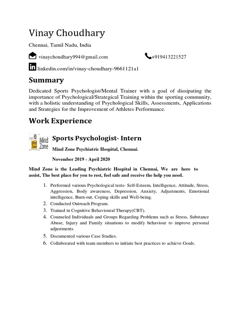 Resume - CV - Vinay Choudhary-Sports Psychologist | PDF | Disciplines ...