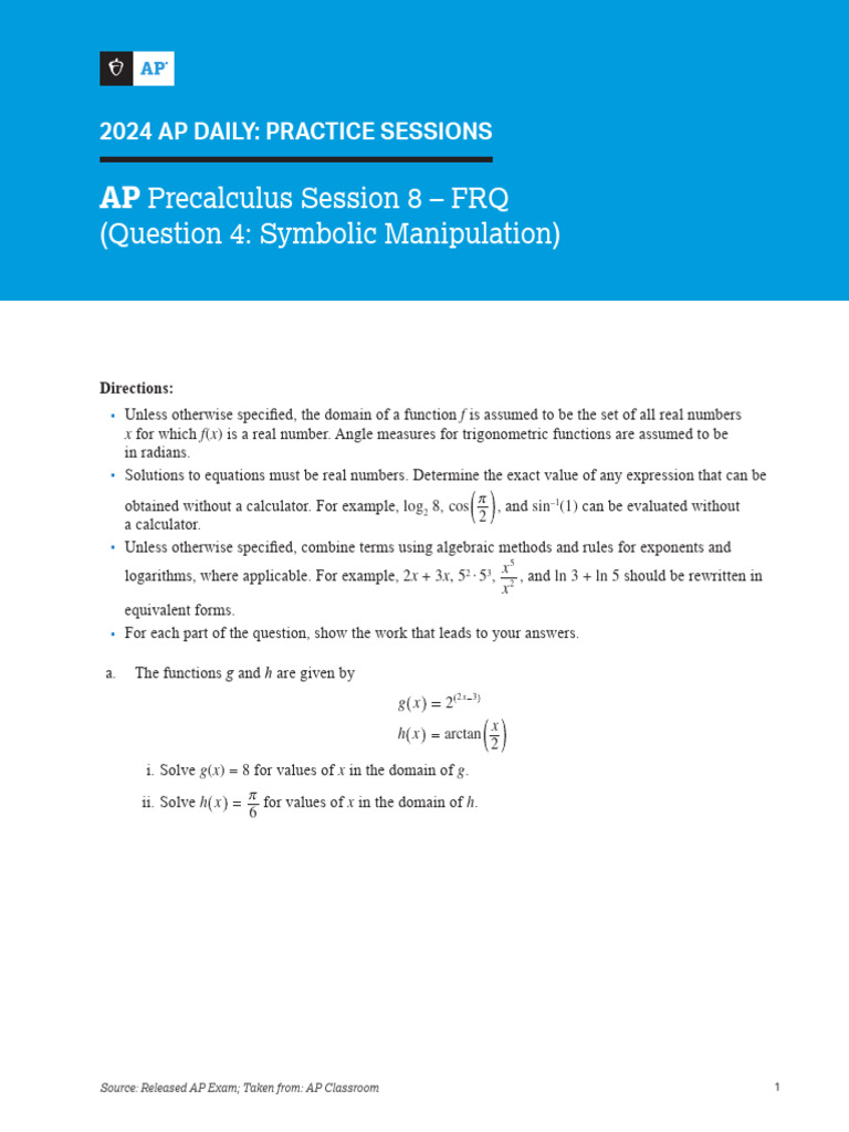 AP Precalculus FRQ Practice Session 8 | PDF | Function (Mathematics ...