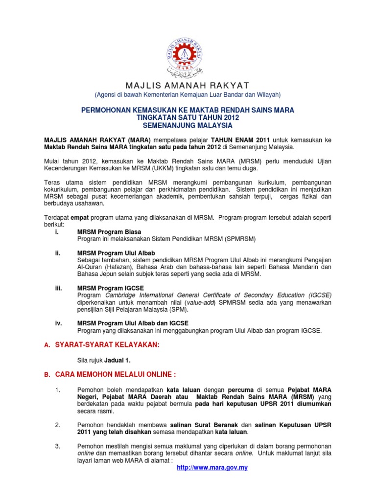 An Kemasukan Ke Maktab Rendah Sains Mara Mrsm Tingkatan 1 Tahun 2012 Semenanjung Pdf