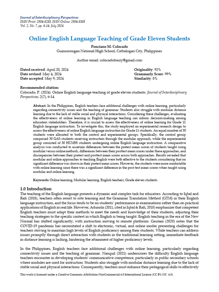Online English Language Teaching of Grade Eleven Students | PDF ...