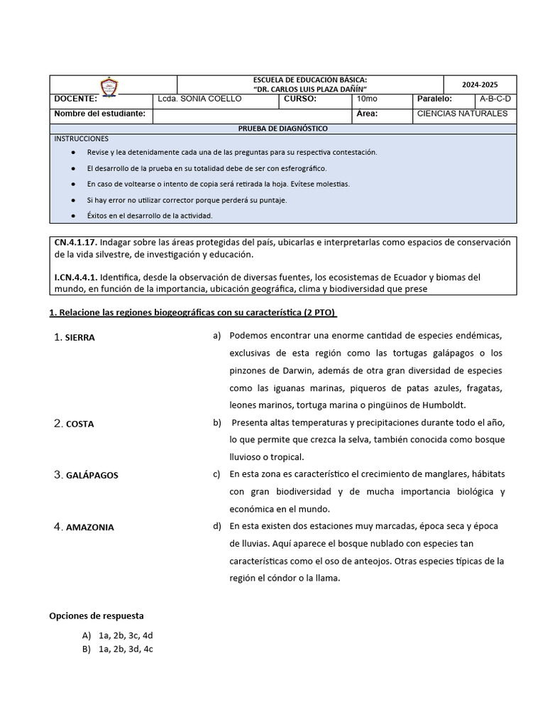 Prueba de Diagnostico Destrezas 10mo y 8vo Ciencias Naturales ...
