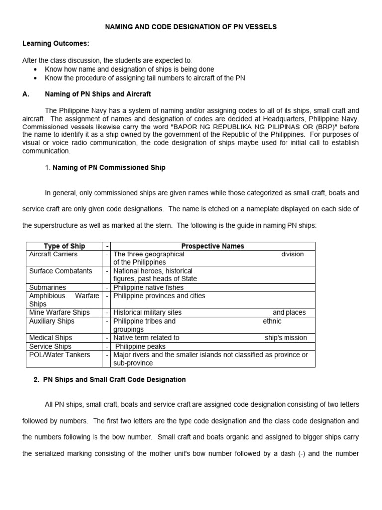 PN Vessel Naming and Code Designation | PDF | Ships | Quartermaster