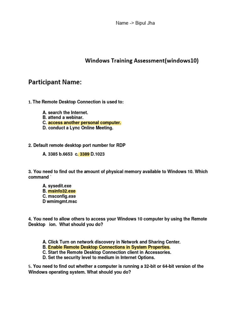 Windows 10 training assessment answers pdf microsoft windows