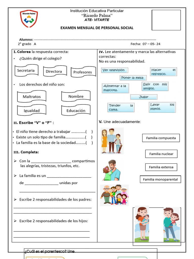Examen Mensual de Personal Social 2° Grado | PDF | Familia ...