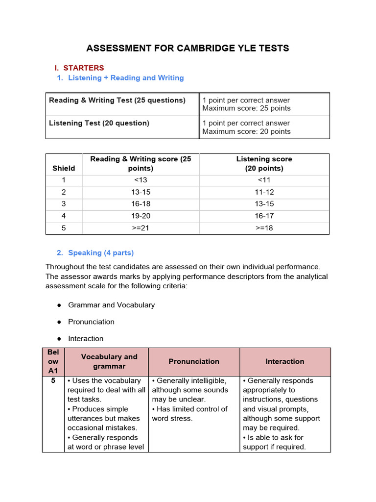 ASSESSMENT FOR CAMBRIDGE YLE TESTS | PDF | Vocabulary | Learning
