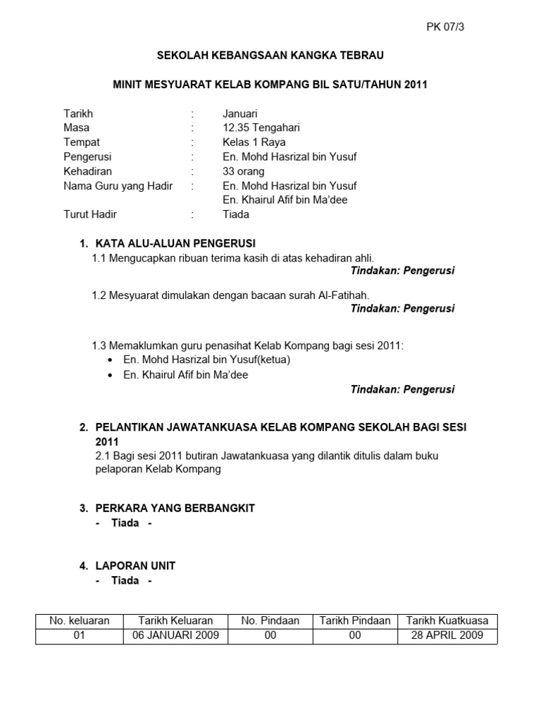 Format Minit Mesyuarat Kelab Kompang Dan TKRS 2011 SKKT | PDF
