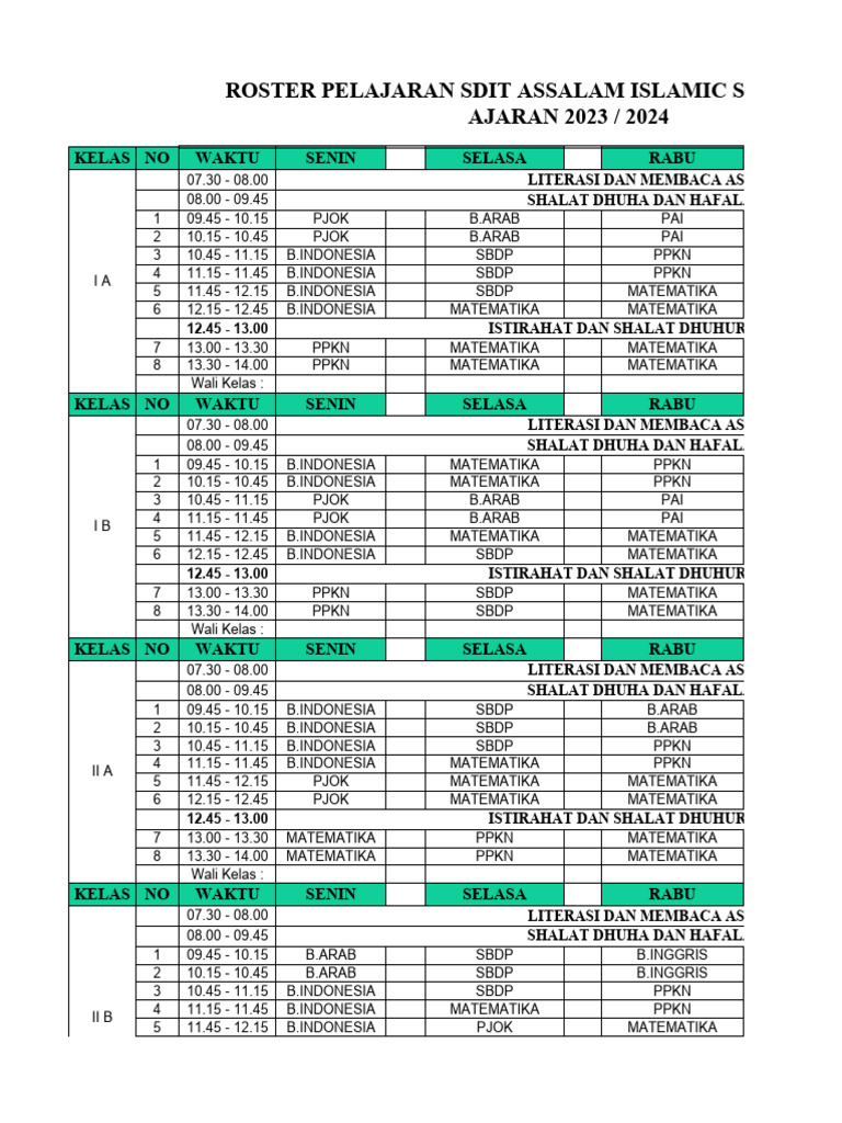 Roster Pelajaran SDIT Assalam 2023 | PDF