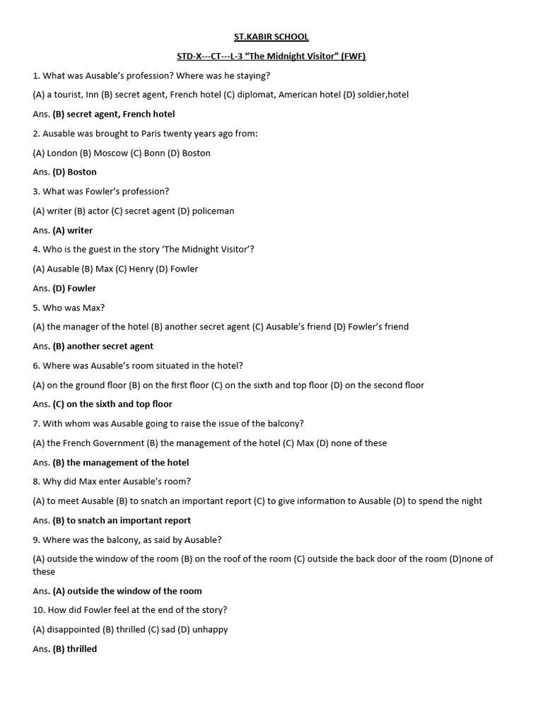 Class 10: The Midnight Visitor Quiz | PDF